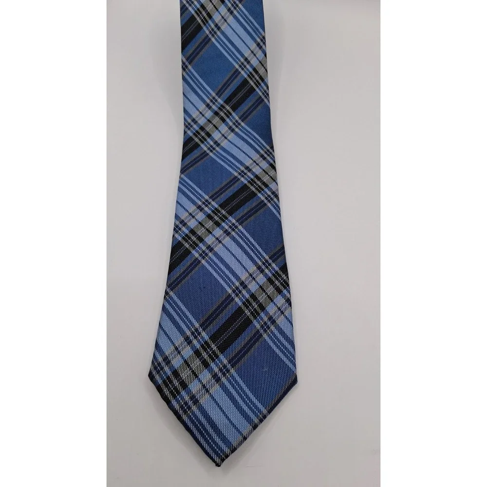 Dockers Blue, Gray, Black Plaid Pattern Silk Blend Handmade Slim Tie
